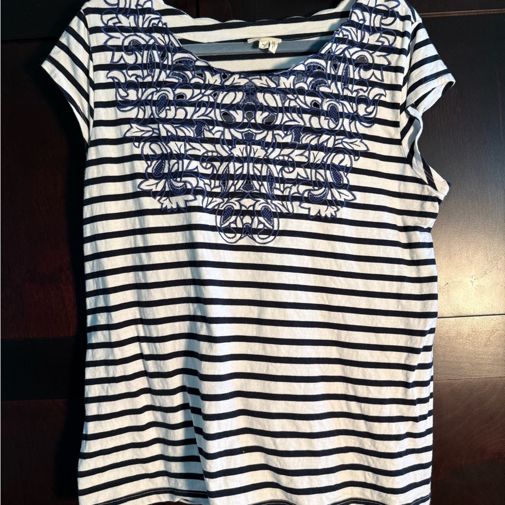 Anthropologie Meadow Rue Navy and White Striped Embroidered Top